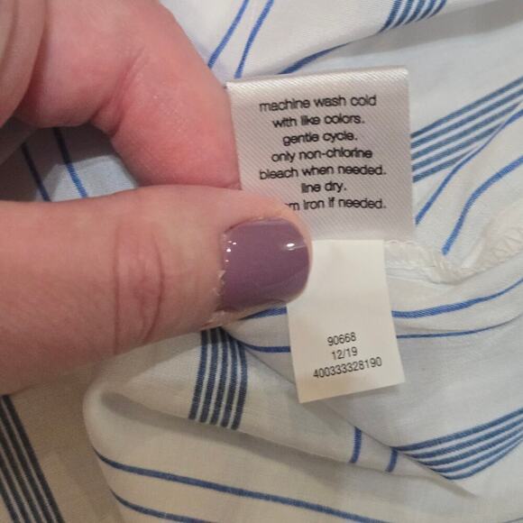 Elizabeth and James Blue and White Striped Tie Neck Button Up Blouse, Medium - Picture 7 of 8